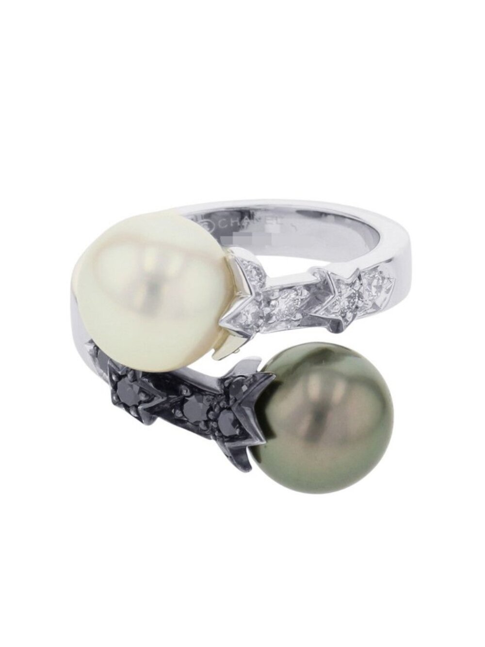 Chanel Ring Comet Twin Pearl Black Diamond 18K White Gold